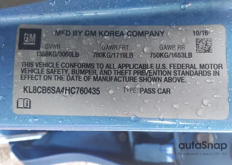 2017 Chevrolet Spark Ls Cvt из США, поврежденный, VIN KL8CB6SA4HC760435